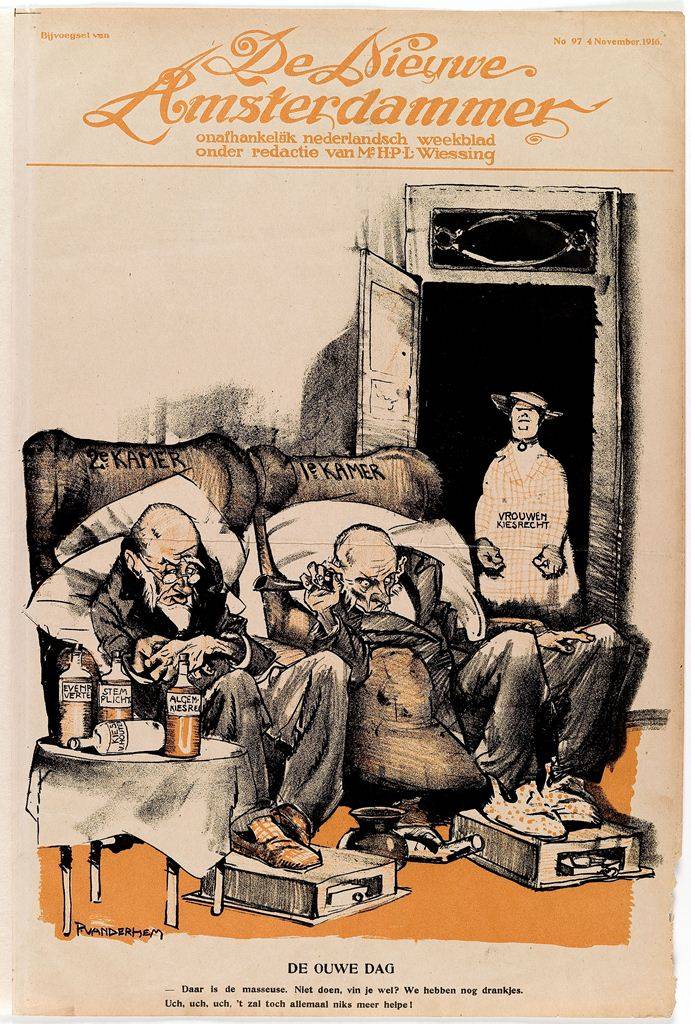 ‘De ouwe dag.’ De laksheid van de Eerste en Tweede Kamers ten aanzien van het accepteren van het vrouwenkiesrecht bespot. Prent door P. van de Hem voor De Nieuwe Amsterdammer, 30 oktober 1916. Collectie Atlas Van Stolk.